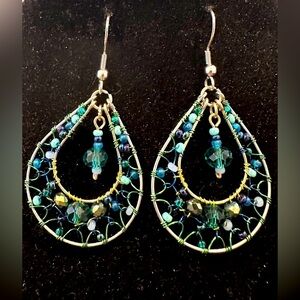 Teardrop Shaped Silver Beaded Earrings in Shades of Blue w/Fish Hook Backs NEW